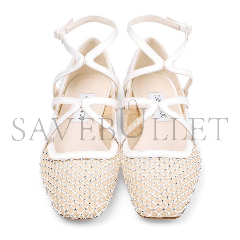 JIMMY CHOO ASTORIA FLAT WHITE CRYSTAL MESH SATIN FLATS ASTORIAFLATQHS
